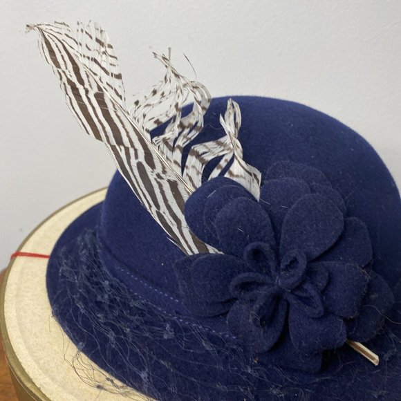 Vintage NOS Adolfo II NY Paris Hat Wool Blue  Felt Feather Netting Church New main image 8
